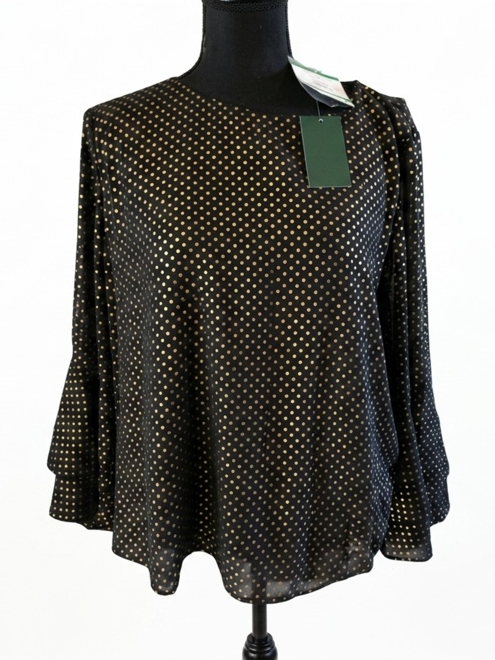 Kasper Black Blouse with Gold Polka Dots